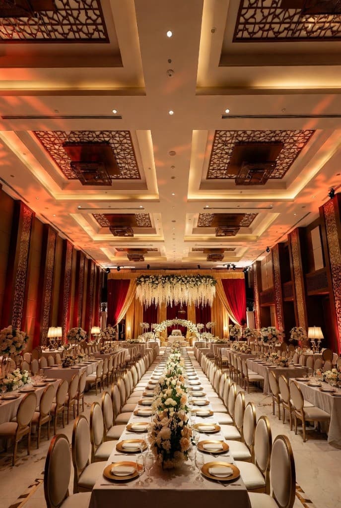 Banquet hall with warm lighting and floral runners